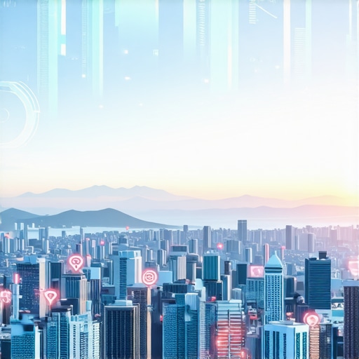 Cityscape with augmented reality and voice search icons indicating advanced SEO technologies