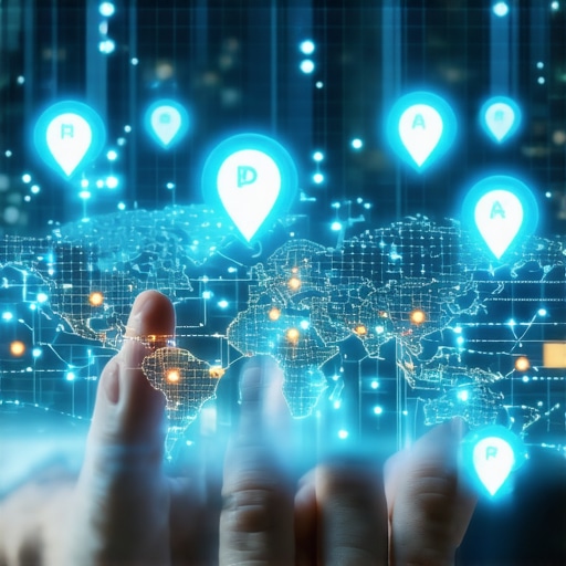 A digital map with AI data overlays highlighting local businesses for advanced GMB optimization.