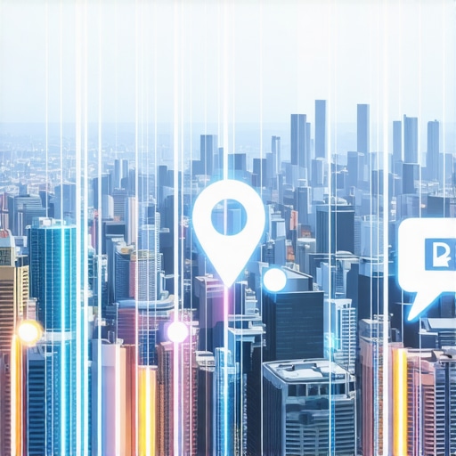 A city scene with augmented reality overlays and icons symbolizing innovative local SEO techniques.