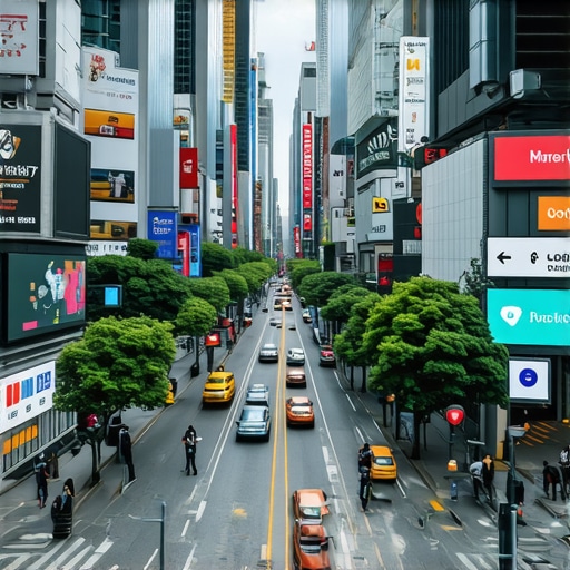 Augmented reality overlays in a city showcasing local business interactions