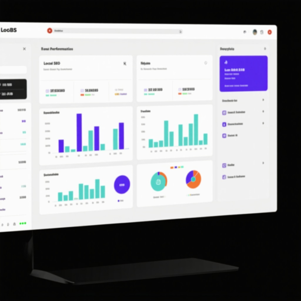 Digital dashboard showing local SEO metrics and GMB analytics.