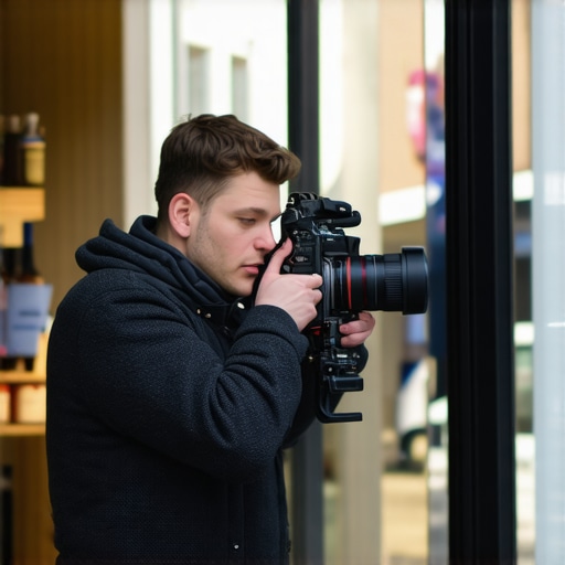 Business owner creating a professional video of storefront for GMB optimization.