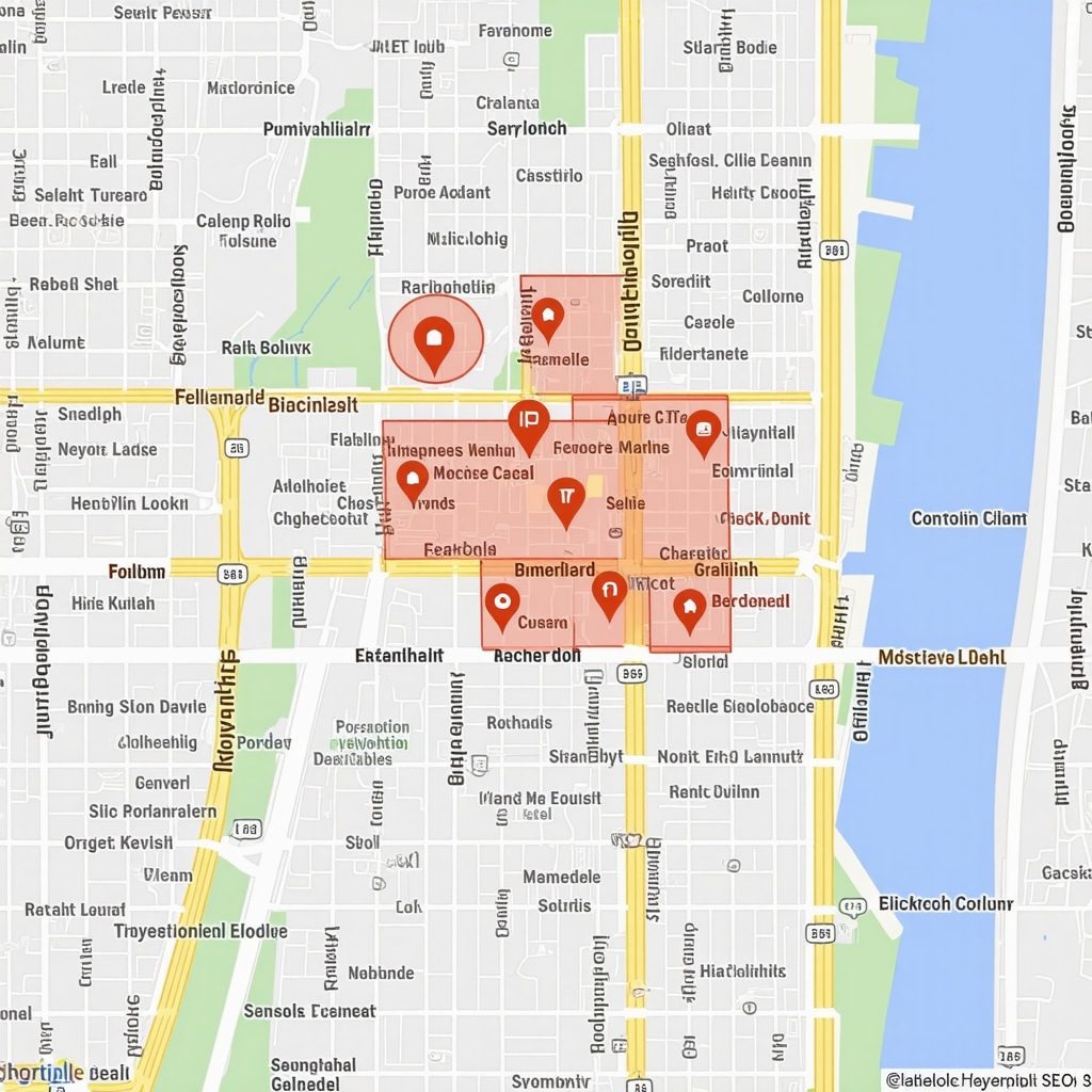 Illustrative map showing targeted local content zones and community hubs for local SEO optimization.