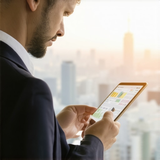 Business owner analyzing hyperlocal data on a digital tablet with cityscape background
