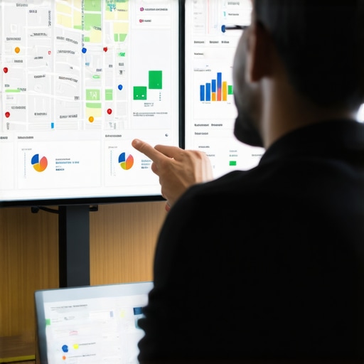 Business owner reviewing hyperlocal analytics on a computer screen with neighborhood maps and data charts.