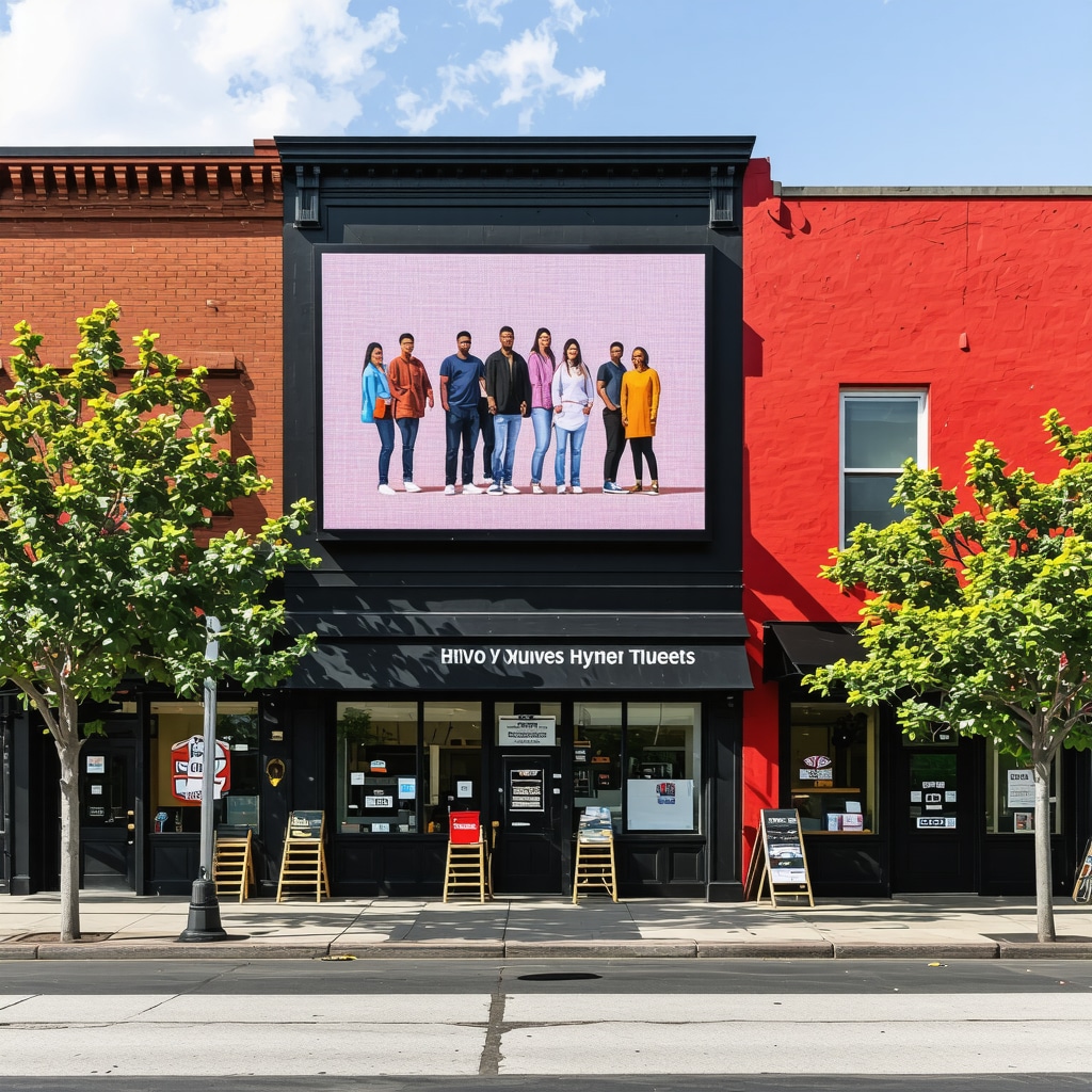 Community neighborhood with local businesses and digital content displays.