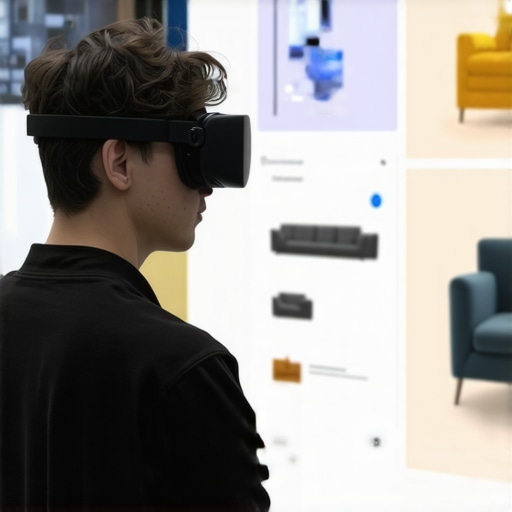 Person using augmented reality glasses to view virtual furniture in a showroom