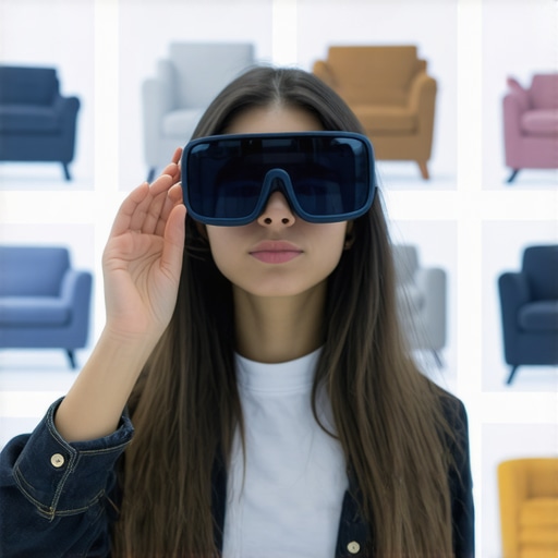 User exploring a virtual furniture showroom with AR glasses, highlighting immersive local search strategies.
