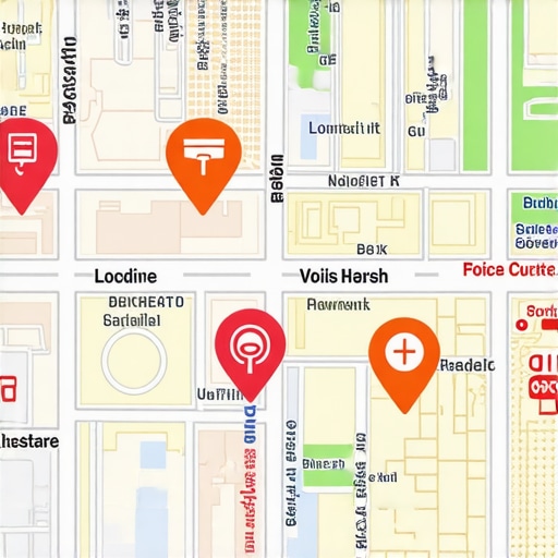 Illustration of a city map with IoT sensors, personalized search zones, and voice command icons.