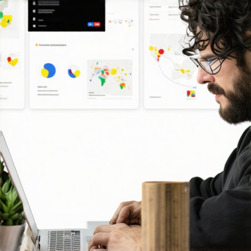 Business owner working on Google My Business optimization on a laptop with maps and data charts.