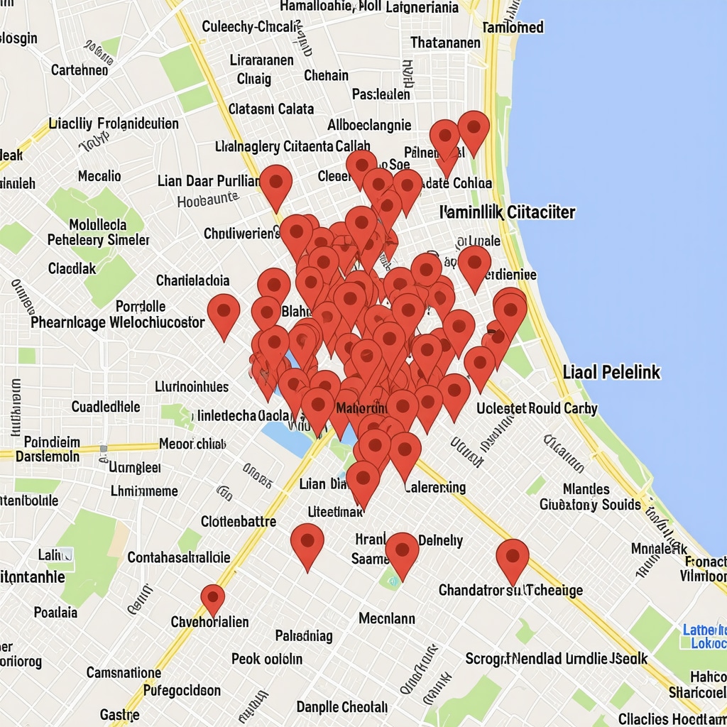 Map illustrating local citation points and backlink sources in a city