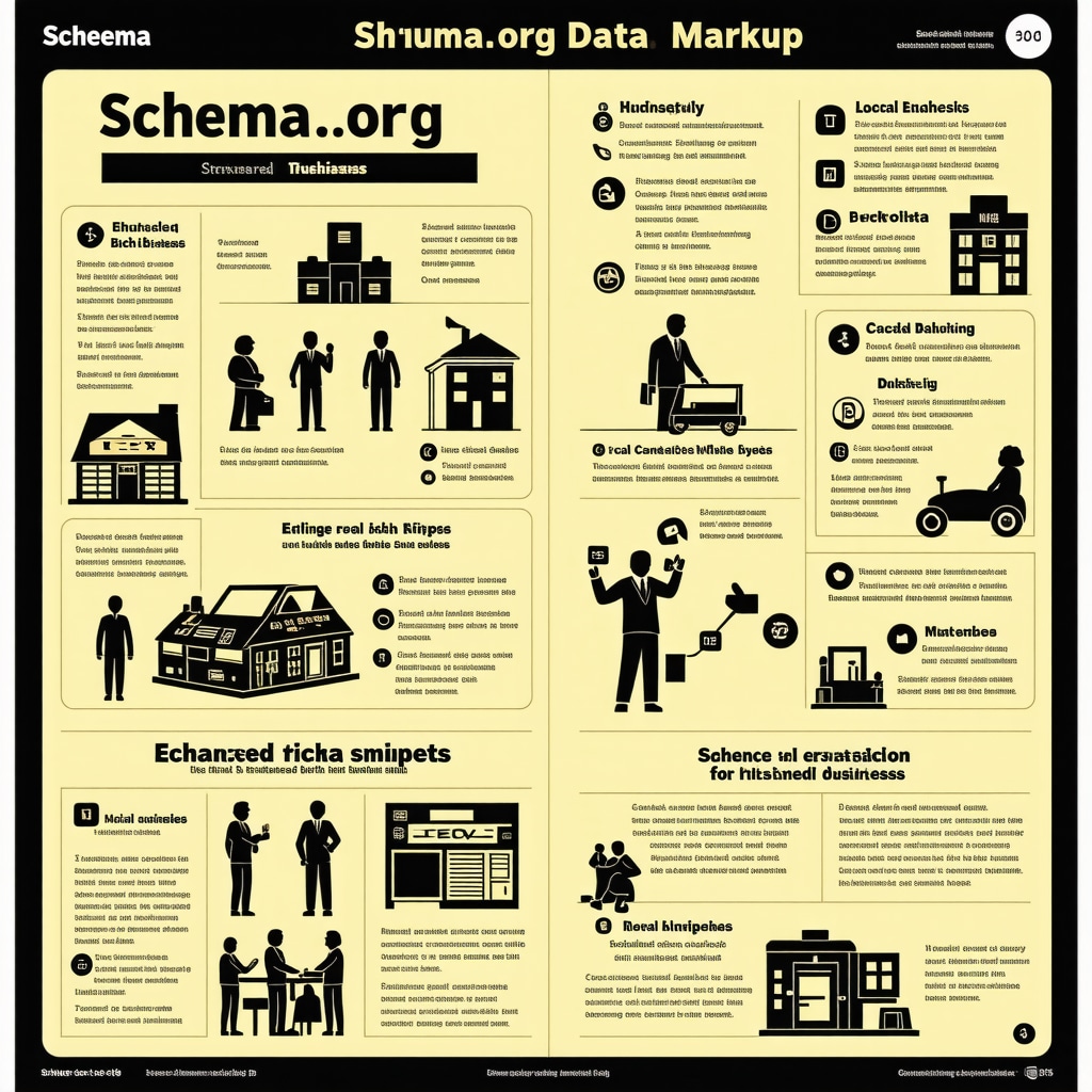Infographic showing schema markup elements for local businesses to improve search visibility.