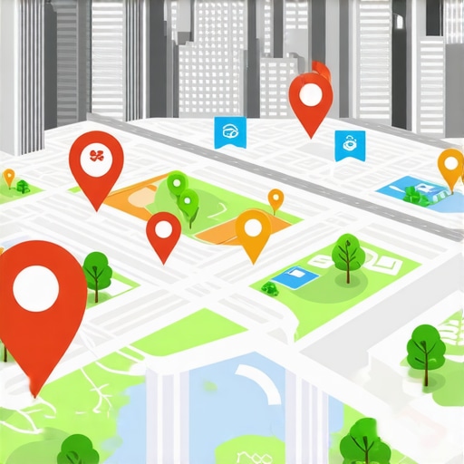 Cityscape with digital map overlay showing local business locations