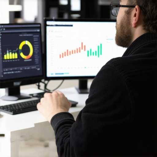 Digital marketer analyzing GMB analytics with AI tools in office.