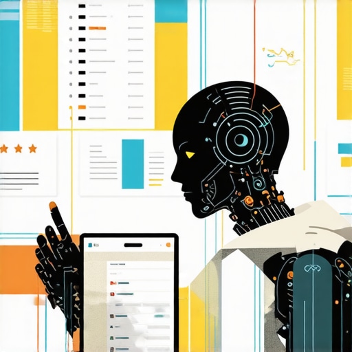 Illustration of AI algorithms analyzing customer reviews with data charts and neural network graphics.