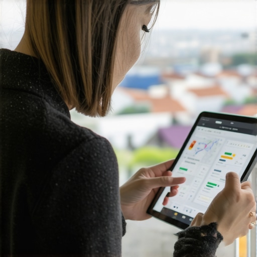 Business owner reviewing local SEO metrics on tablet with city background