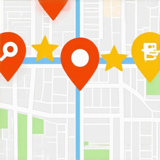 Digital map with local business markers, review stars, and schema icons illustrating SEO advancements.