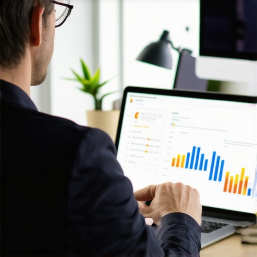 Business owner reviewing customer feedback analytics on laptop in an office setting