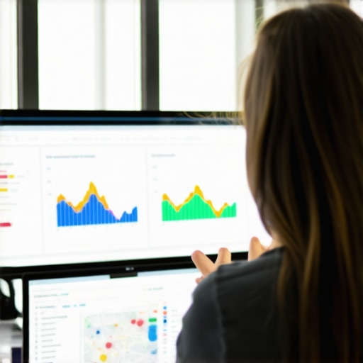 Business owner analyzing local analytics dashboard with charts and regional maps