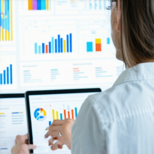 Business analyst reviewing local SEO analytics and metrics on a computer screen.