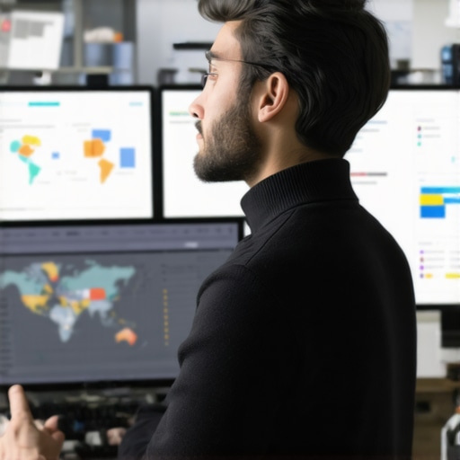 Data-driven Local SEO Strategy Digital marketer analyzing local SEO performance on multiple screens with charts and maps.