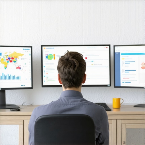Marketing strategist reviewing local SEO analytics on screens with charts and maps.