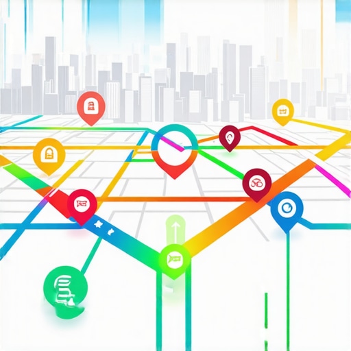 Futuristic cityscape with digital maps and SEO icons