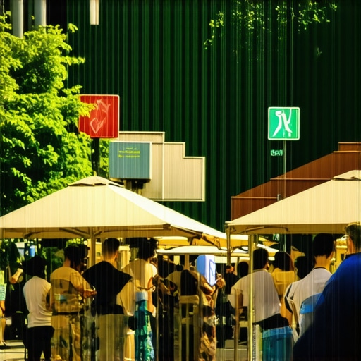 Community gathering on neighborhood street with local businesses