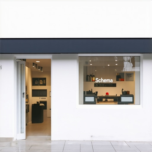 A storefront with digital overlays demonstrating schema markup and virtual tour features.
