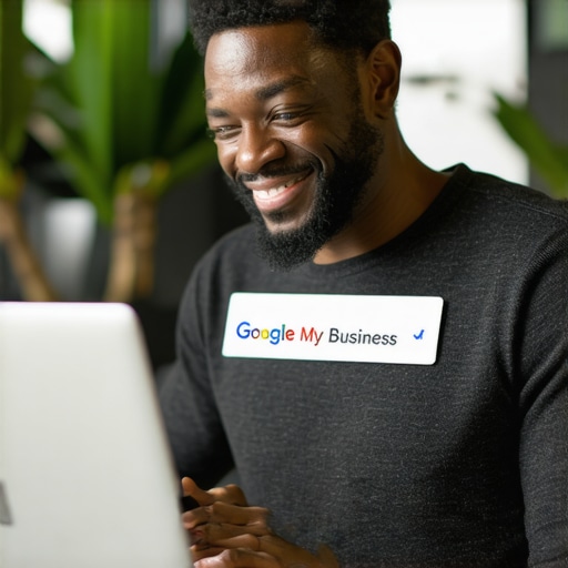 Business owner updating GMB profile on a laptop in a contemporary office setting.