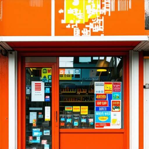 Business storefront with vibrant signage and busy customer interactions.