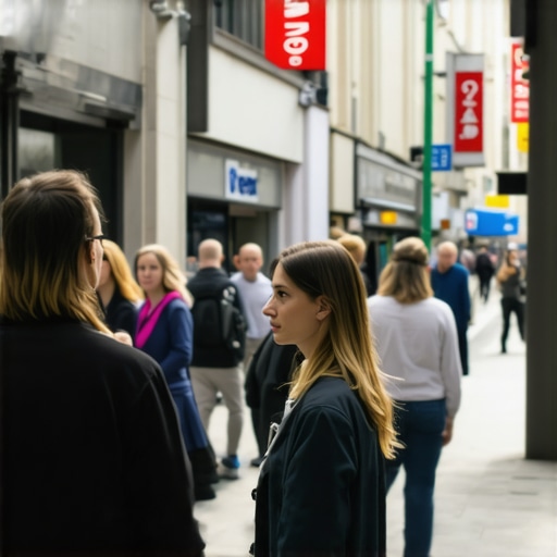 City street with voice-activated devices and local businesses