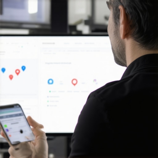 AI-Driven Local SEO Analytics Business owner examining local SEO analytics with AI and geolocation icons in a modern office