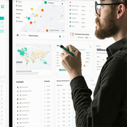 Business owner reviewing local SEO analytics on a digital map interface.