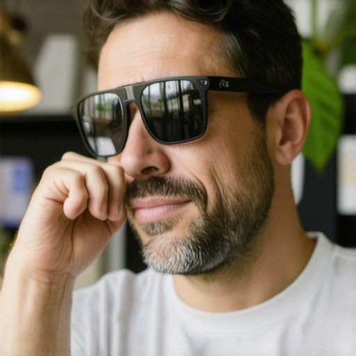 Business owner using augmented reality glasses in retail store for local SEO