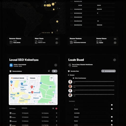 Futuristic local SEO dashboard showing AI-powered analytics, maps, and user engagement metrics.