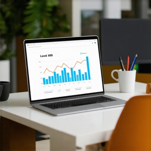 Modern workspace with laptop showing local SEO analytics and graphs.