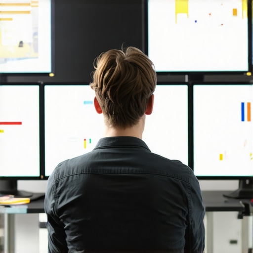 Digital marketer analyzing local SEO metrics on multiple screens in a modern office