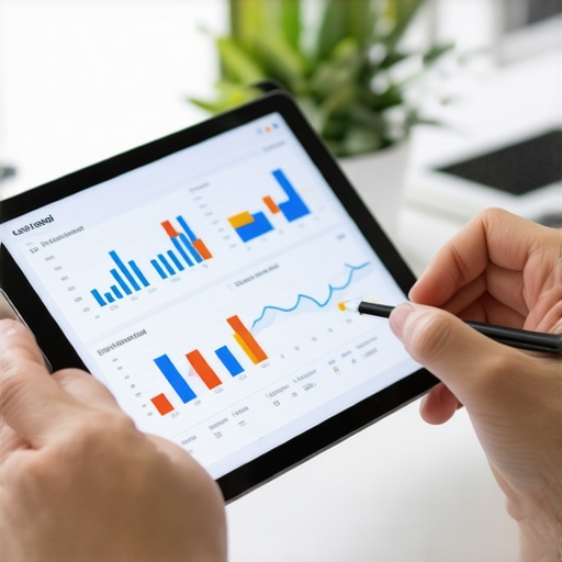 SEO expert reviewing local search analytics on a tablet with charts and graphs