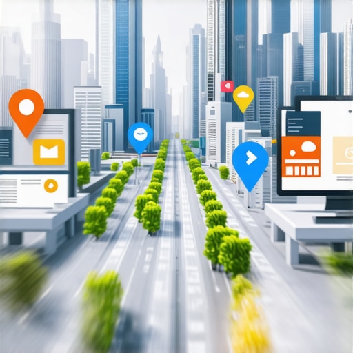 Cityscape with AR overlays and digital marketing icons illustrating advanced local SEO strategies