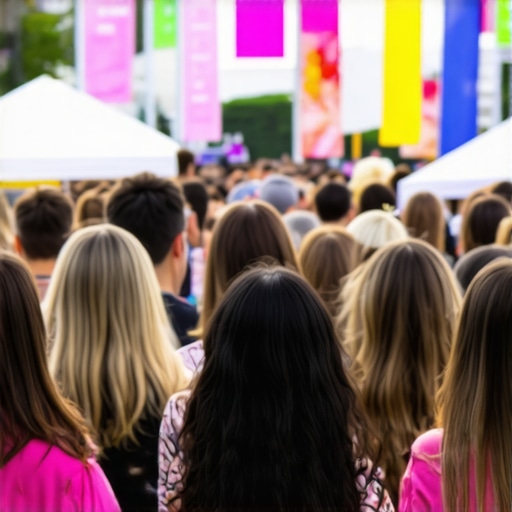 A lively community event with local business banners and attendees