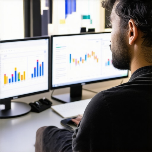 Data-Driven GMB Optimization Business analyst reviewing GMB analytics on multiple monitors.