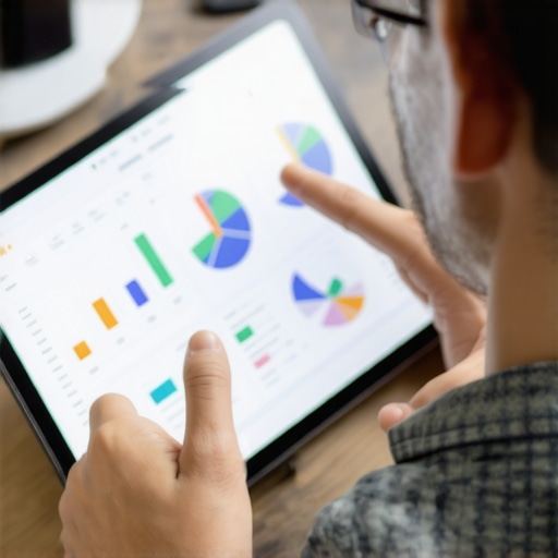 Business owner reviewing local SEO analytics on a tablet with charts and graphs.