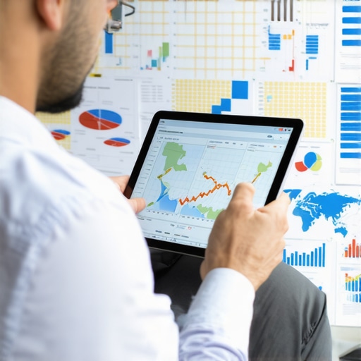 Business owner reviewing local GMB analytics on tablet with maps and graphs