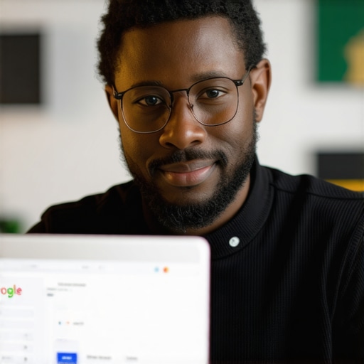 Business owner using AI tools for GMB optimization in a high-tech office.