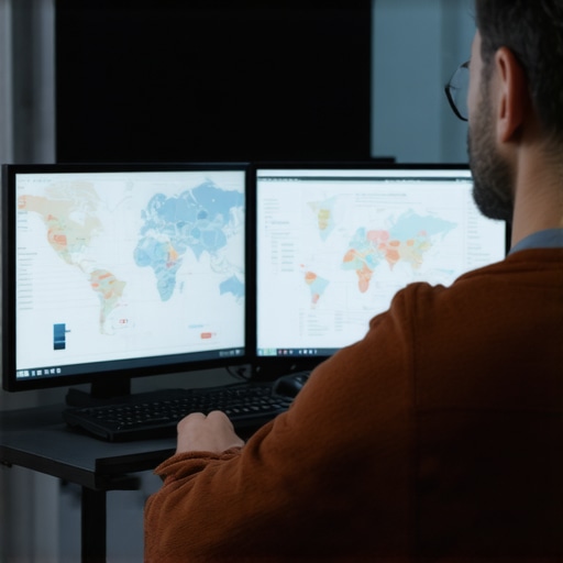 Advanced Local SEO Analytics Dashboard A digital marketing expert reviewing local SEO performance metrics on a multi-screen setup.