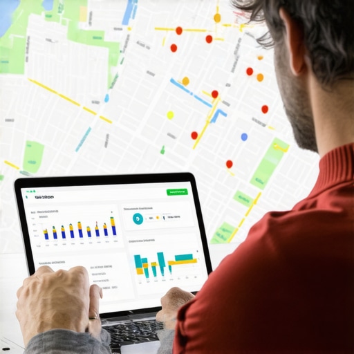 Business owner analyzing local SEO performance on a laptop with neighborhood map