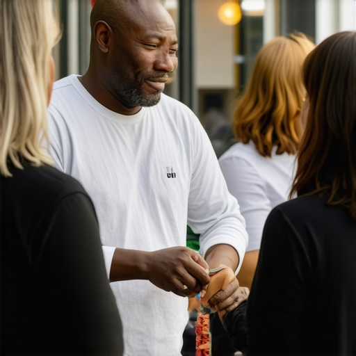 Business owner interacting with community members at a local event.