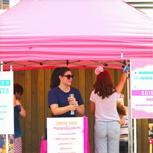 Local business sponsoring a neighborhood festival with attendees enjoying activities and branding.