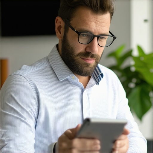 A professional responding to customer reviews on a digital device